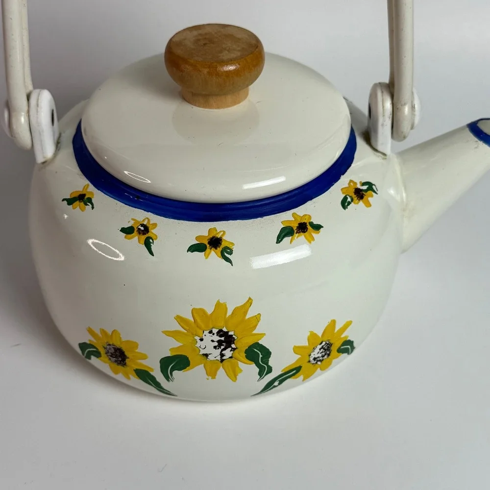 White Enamel Sunny Golden Yellow Sunflowers Tea Kettle Blue Trim Wood Handle